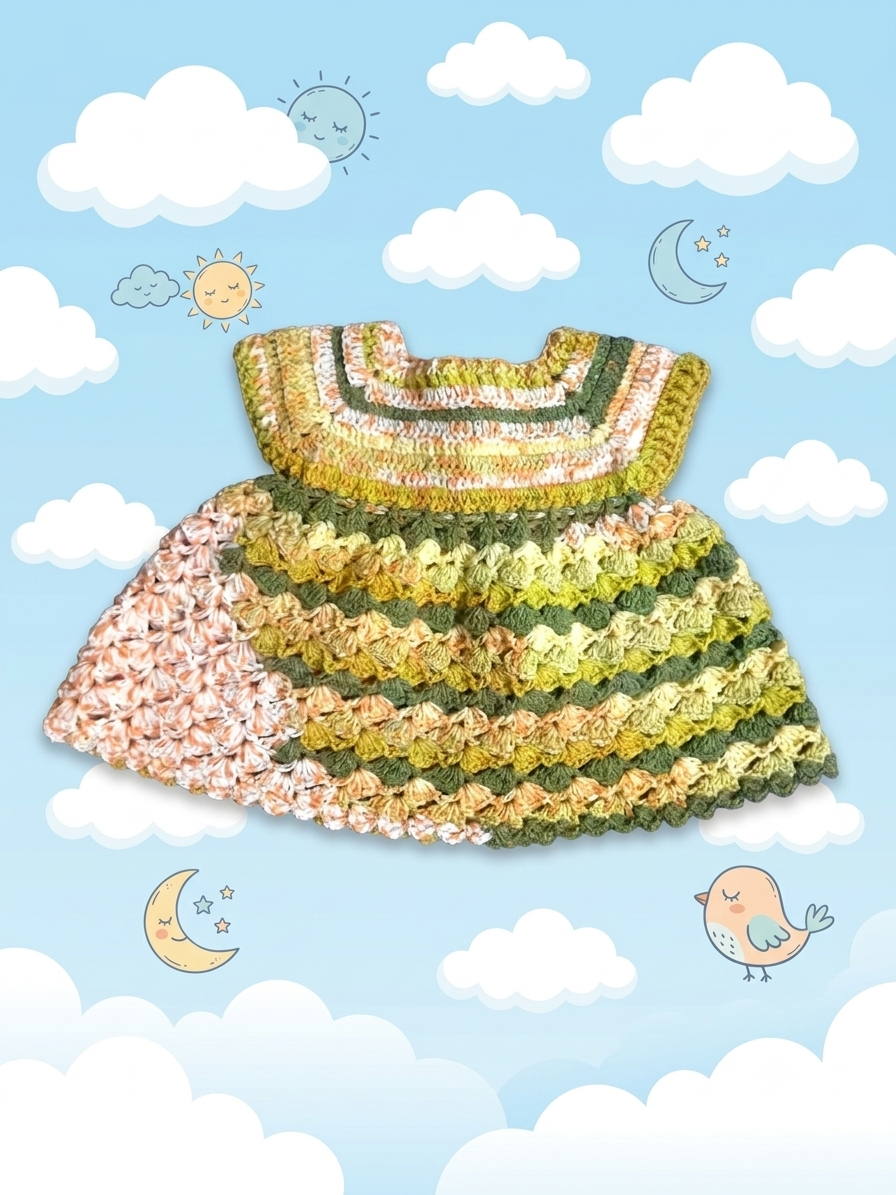 Vestidinho infantil em crochê com saia rodada em ponto concha mesclado verde e terroso.