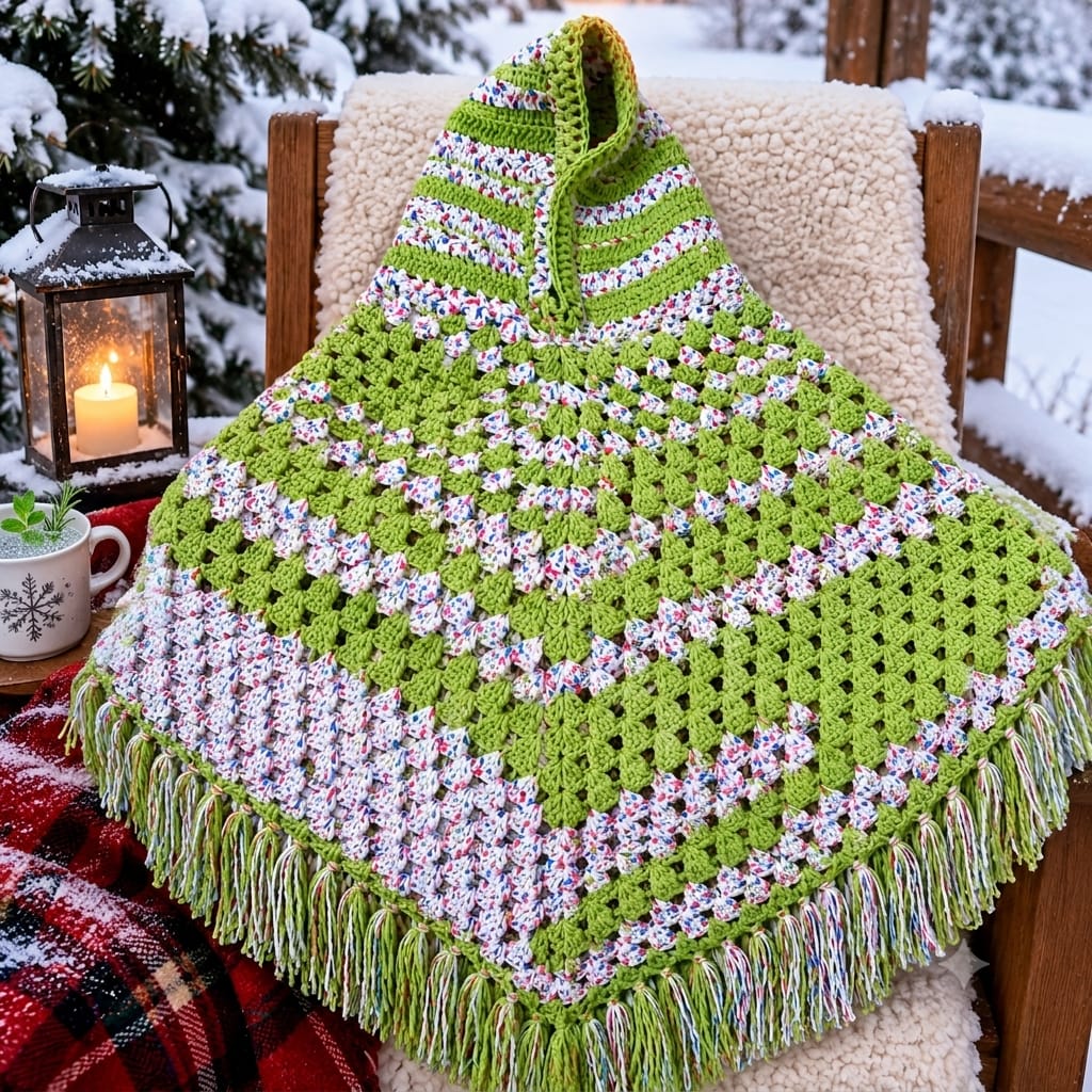 Poncho em crochê verde e mescla com capuz e franjas.