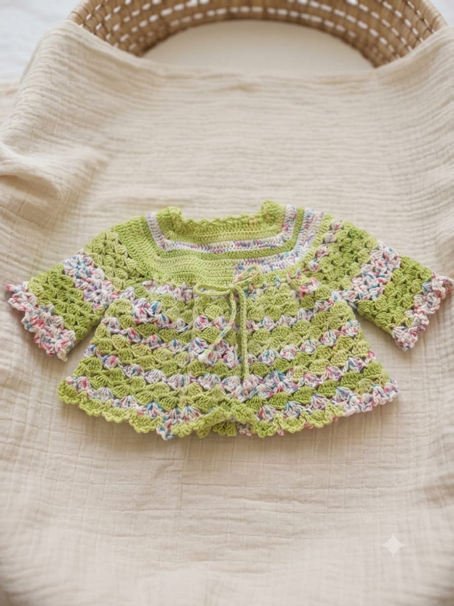 Casaquinho infantil de crochê verde e mescla com amarração frontal e barra rendada.