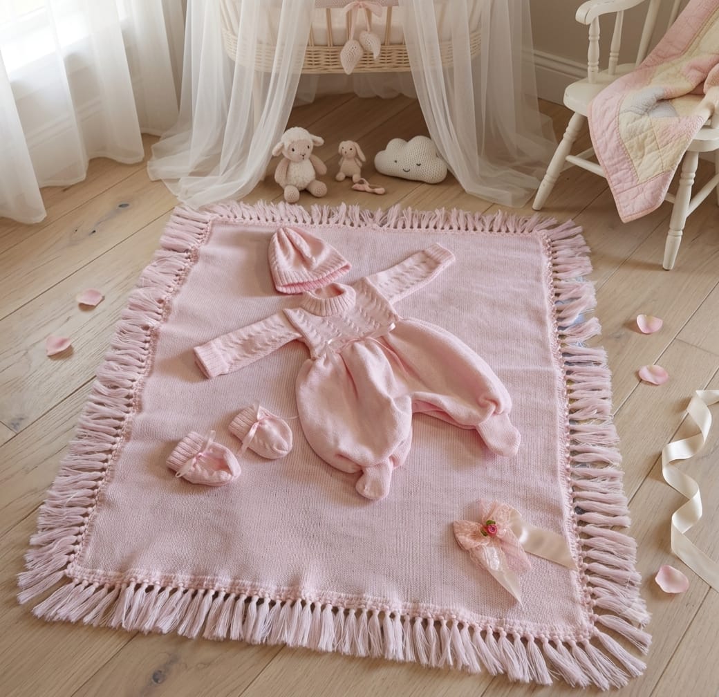 Conjunto de saída de maternidade rosa bebê disposto sobre manta com franjas, contendo macacão, touca, luvinhas e sapatinhos.