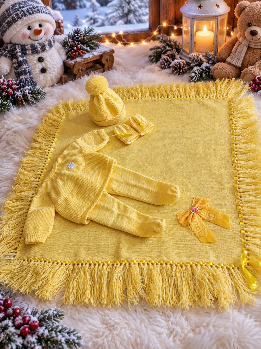 Saída de maternidade amarela em tricô artesanal com casaquinho, calça com pezinho, gorro com pompom, luvas e manta com franjas e fita de cetim.