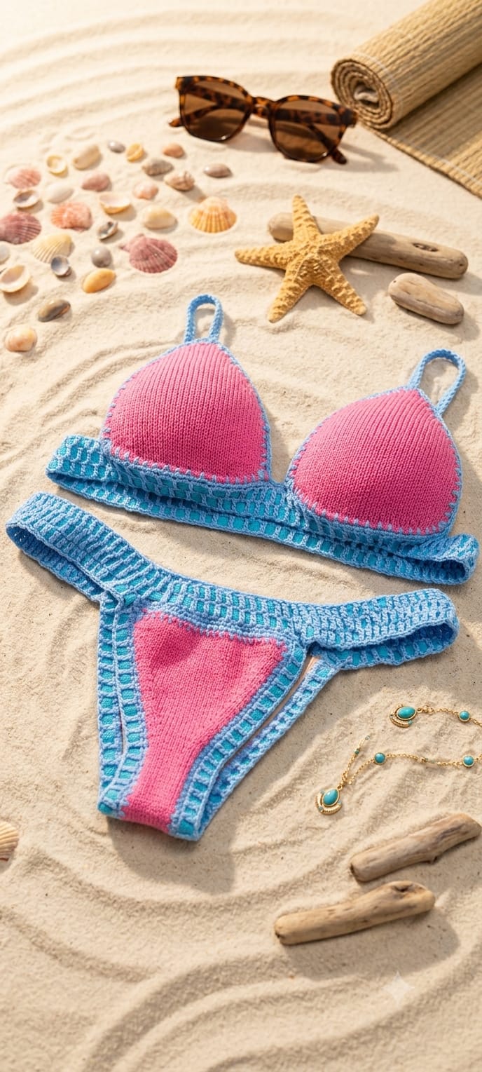 Biquíni bicolor rosa e azul com bojo triangular e acabamento em ponto rede de crochê.
